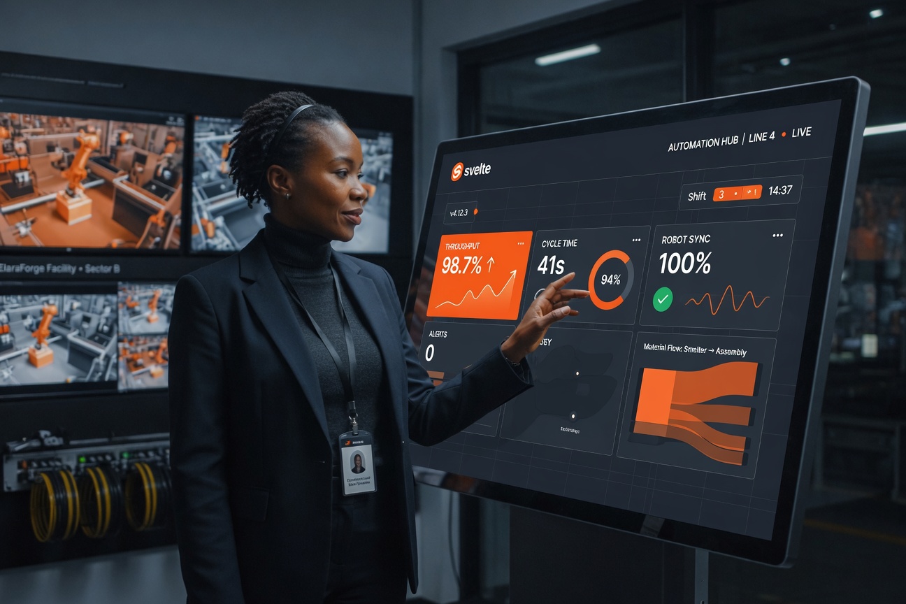 Industry professional interacting with a clean custom Svelte automation interface on the factory floor