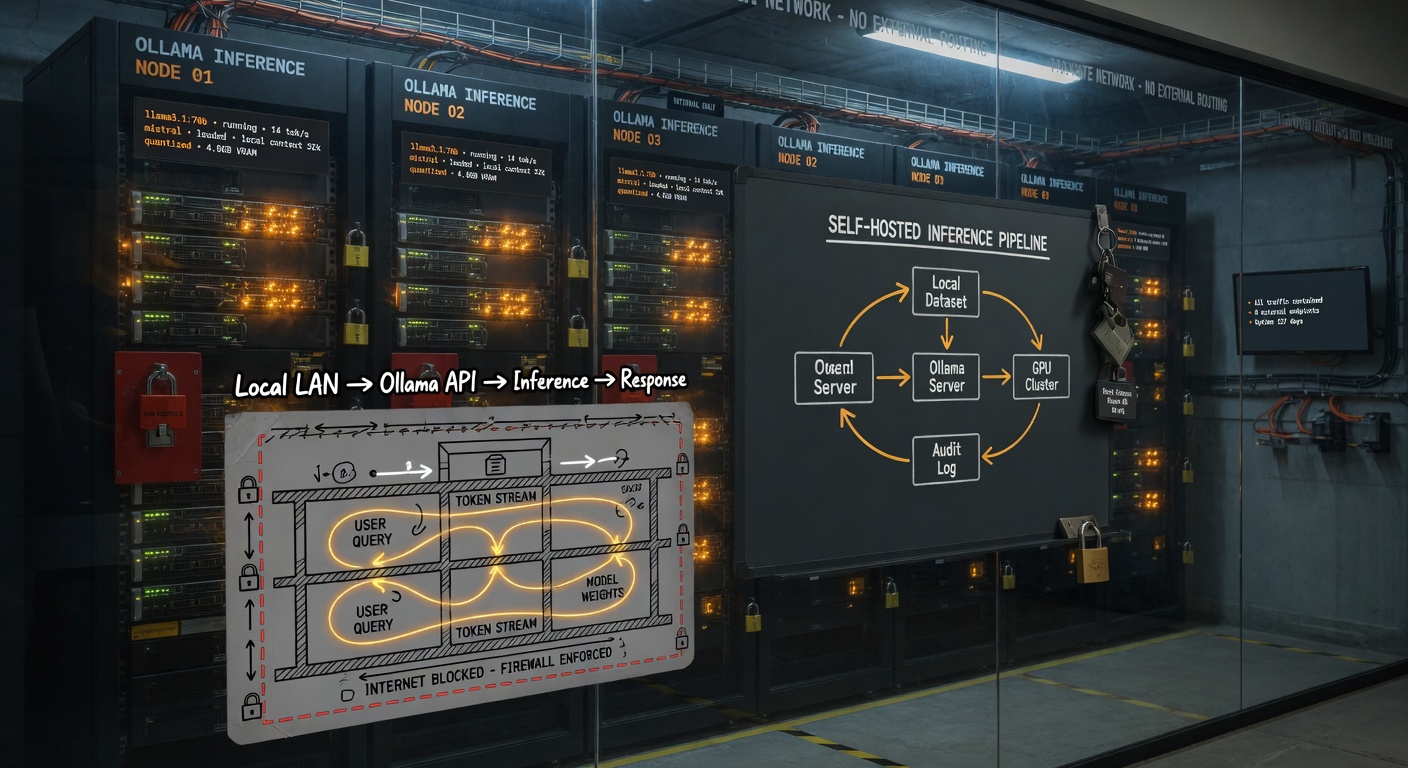 Secure private on-premise server environment running Ollama for local AI — symbol of data control