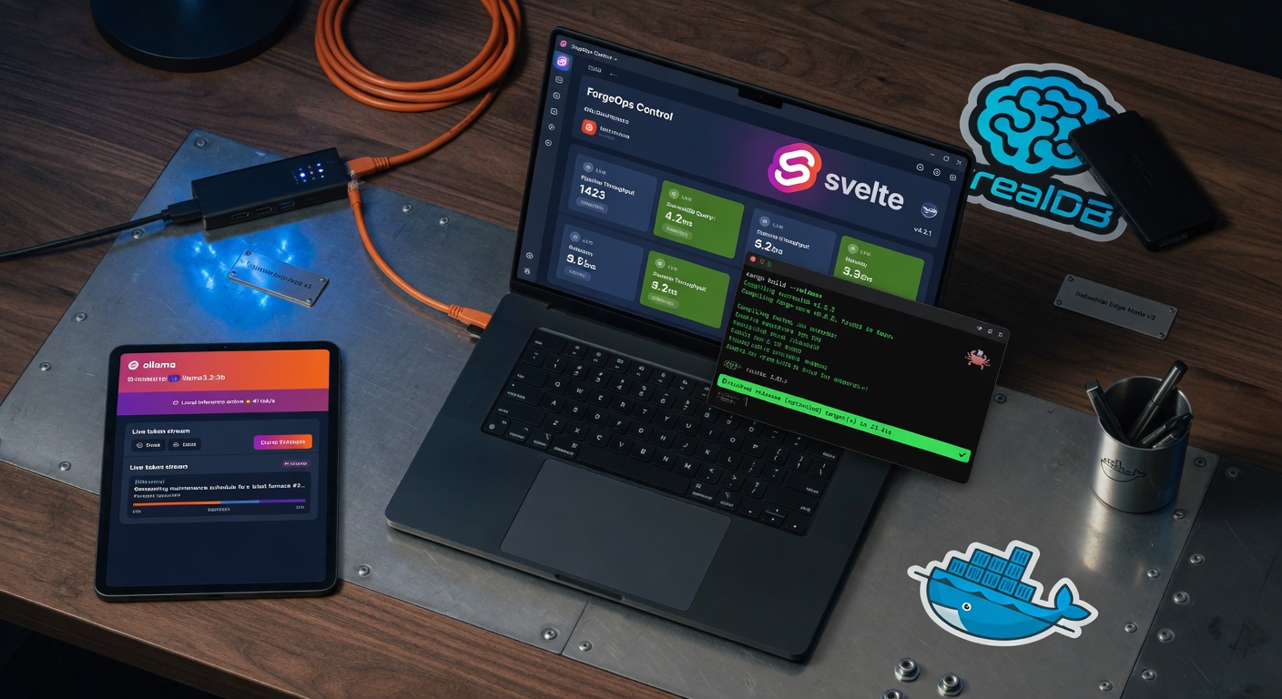 Isometric view of the delivered tech stack: Svelte UI, Rust, SurrealDB, Docker, and Ollama on an industrial desk
