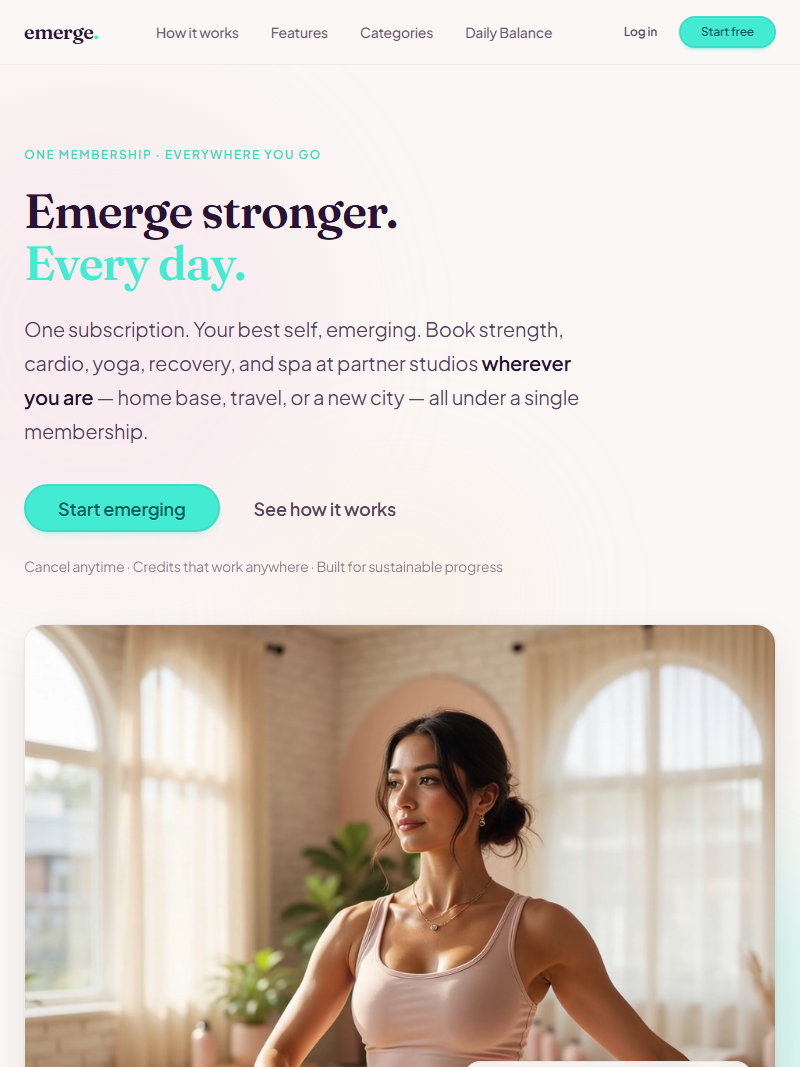Emerge Fit homepage — “Emerge stronger. Every day.” membership hero with boutique studio imagery