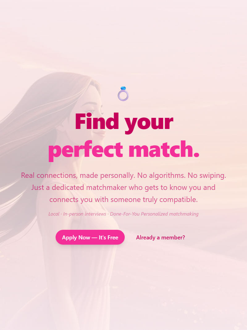Harmony Centers Matchmaking homepage — soft pink romantic hero with personalized matchmaking CTA