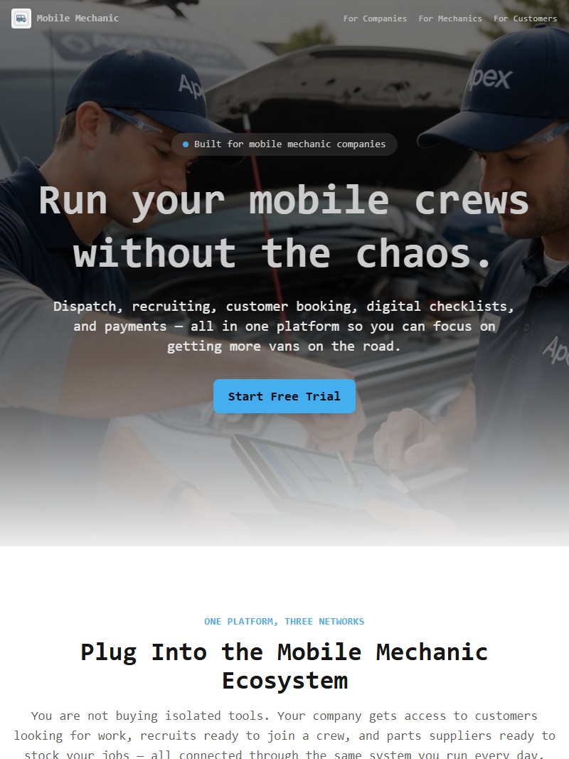 Mobile Mechanic App homepage — mechanics and service van with dispatch and crew management messaging
