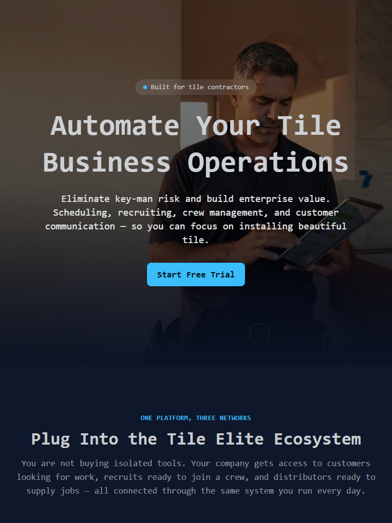 Tile Elite homepage — dark-themed hero with contractor using operations platform in a tiled bathroom